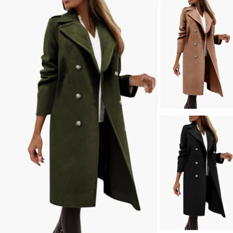 legante Wolljacke mit Revers & Zweireiher-Design – Langer Mantel für Damen